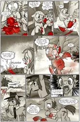 Size: 1265x1920 | Tagged: semi-grimdark, artist:pencils, derpibooru import, igneous rock pie, limestone pie, oc, oc:mascara maroon, earth pony, pony, comic:anon's pie adventure, bald, blood, comic, crying, female, filly, flashback, hair loss, hat, male, pipe, running, smoking, stallion, tears of fear, ye olde butcherede englishe, ye olde english