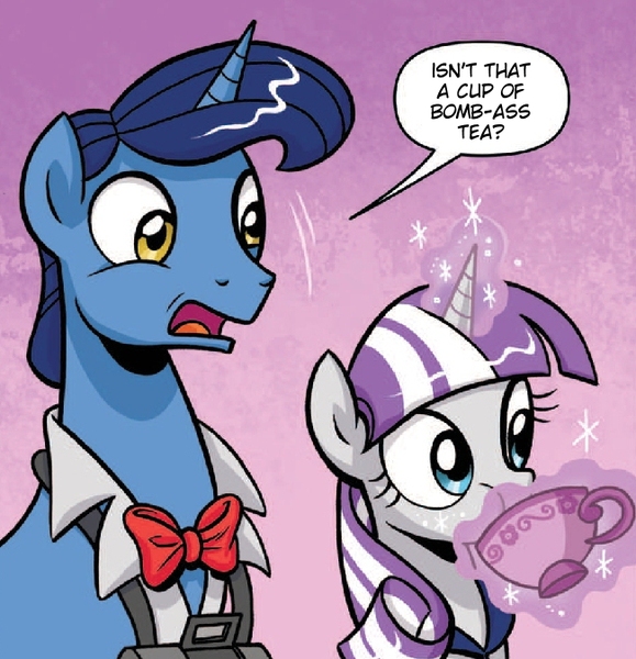 Size: 650x673 | Tagged: artist:brendahickey, aweeg*, bomb ass tea, comic, cropped, cup, derpibooru import, dialogue, edit, female, food, glowing horn, horn, husband and wife, idw, magic, male, /mlp/, night light, safe, solo, spoiler:comic, spoiler:comic40, tea, teacup, telekinesis, twilight velvet, vulgar