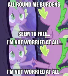 Size: 828x930 | Tagged: caption, derpibooru import, image macro, i'm not worried at all, meme, mirror, moby, reflection, safe, screencap, solo, song reference, spike, text