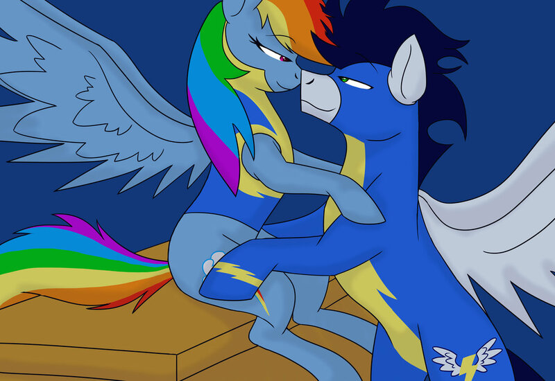 Size: 1024x704 | Tagged: suggestive, artist:colourstrike, derpibooru import, rainbow dash, soarin', pony, bedroom eyes, clothes, eye contact, female, looking at each other, male, shipping, soarindash, spread wings, straight, uniform, wingboner, wings, wonderbolt trainee uniform, wonderbolts uniform