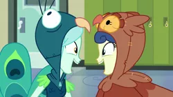 Size: 1280x720 | Tagged: safe, derpibooru import, screencap, bon bon, lyra heartstrings, sweetie drops, all's fair in love and friendship games, equestria girls, background human, bird costume, bon owl, clothes, costume, duo, looking at each other, lyrabird, open mouth, smiling