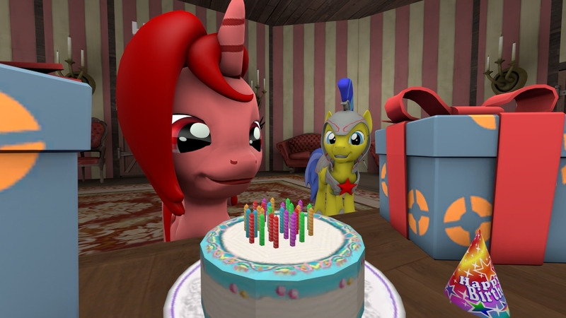 Size: 1200x675 | Tagged: 3d, artist:shining-valor, cake, derpibooru import, food, oc, oc:ruby script, oc:shining valor, ruby's b-day, safe, source filmmaker, unofficial characters only