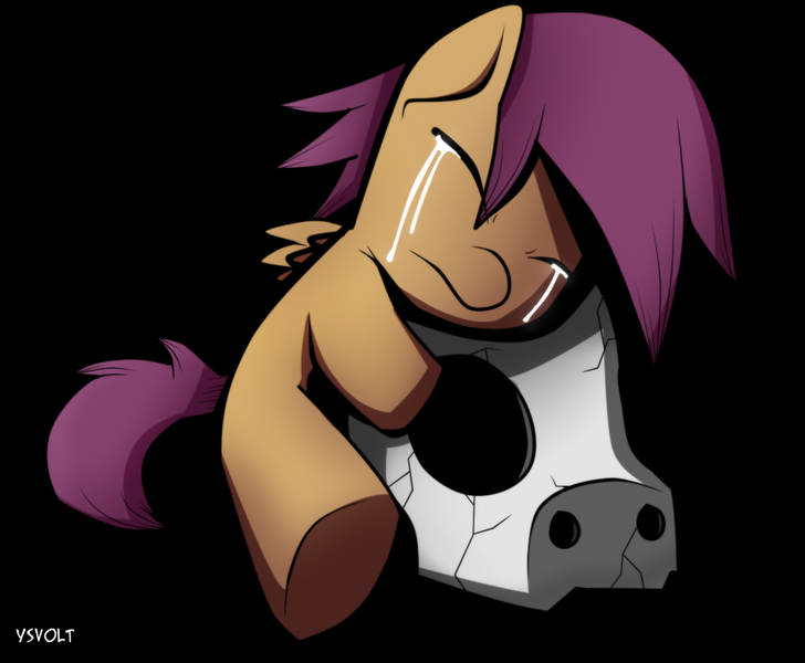 Size: 930x767 | Tagged: artist:ysvolt, crying, cubone, derpibooru import, foal, pokémon, sad, safe, scootaloo, skull, solo