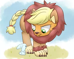 Size: 1280x1024 | Tagged: >:3, angel bunny, animal costume, applejack, applelion, artist:gamijack, clothes, costume, derpibooru import, safe