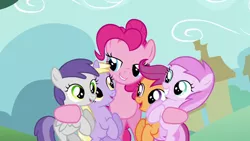 Size: 1280x720 | Tagged: safe, derpibooru import, screencap, dinky hooves, pinkie pie, piña colada, scootaloo, tornado bolt, earth pony, pegasus, pony, unicorn, a friend in deed, bipedal, cute, female, filly, grin, happy, hug, i need an adult, imminent foalcon, lidded eyes, lip bite, mare, open mouth, out of context, piña cutelada, scootalove, smiling, squee
