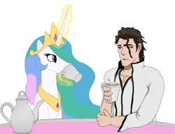 Size: 1000x767 | Tagged: aizen sousuke, artist:unbiased philosopher, bleach (manga), crossover, derpibooru import, food, princess celestia, safe, simple background, sitting, smiling, tea, the plan, this tag is also part of my plan, transparent background