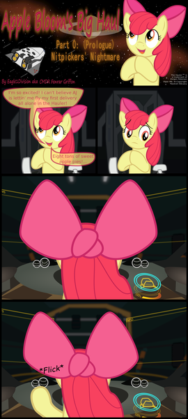 Size: 1589x3528 | Tagged: apple bloom, artist:eagle1division, clapping, cockpit, comic, comic:applebloom's big haul, derpibooru import, dialogue, elite dangerous, hauler, nitpicking, ocd, older, older apple bloom, open mouth, safe, smiling, solo, space, spaceship