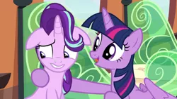 Size: 1916x1080 | Tagged: safe, derpibooru import, screencap, starlight glimmer, twilight sparkle, twilight sparkle (alicorn), alicorn, pony, the crystalling, female, floppy ears, mare, train