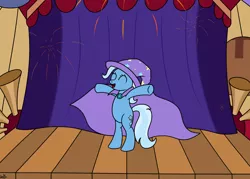 Size: 1400x1000 | Tagged: safe, artist:spritepony, derpibooru import, trixie, pony, bipedal, cape, clothes, fireworks, hat, performing, solo, stage, trixie's cape, trixie's hat