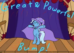 Size: 1400x1000 | Tagged: safe, alternate version, artist:spritepony, derpibooru import, edit, trixie, pony, bipedal, cape, clothes, fireworks, hat, performing, solo, stage, text edit, trixie's cape, trixie's hat