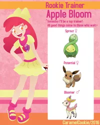 Size: 680x850 | Tagged: apple bloom, artist:caramelcookie, budew, clothes, crossover, cutie mark, deerling, derpibooru import, dress, eevee, human, humanized, open mouth, pokéball, pokémon, pokémon team, pokémon trainer, safe, the cmc's cutie marks