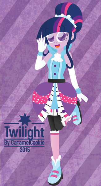 Size: 545x1000 | Tagged: safe, artist:caramelcookie, derpibooru import, twilight sparkle, equestria girls, friendship through the ages, piano dress, rockin' hair, solo