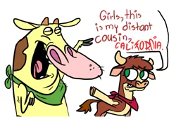 Size: 898x599 | Tagged: arizona cow, artist:fancykarp, cartoon network, cloven hooves, community related, cow, cow and chicken, crossover, derpibooru import, dialogue, doubt, female, greeting, pointing, safe, simple background, smiling, them's fightin' herds, white background