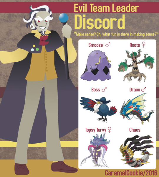 Size: 720x800 | Tagged: artist:caramelcookie, crossover, derpibooru import, discord, giratina, gyarados, honchkrow, human, humanized, malamar, pokémon, pokémon team, pokémon trainer, safe, swalot, trevenant