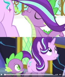 Size: 1200x1419 | Tagged: suggestive, artist:titanium-pony, derpibooru import, edit, edited screencap, screencap, spike, starlight glimmer, dragon, pony, unicorn, equestria games (episode), the crystalling, eyes closed, female, fire, fire breath, lip bite, male, mare, shipping, sparlight, straight, wat