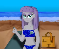 Size: 899x749 | Tagged: safe, artist:cyber-murph, derpibooru import, boulder (pet), maud pie, equestria girls, rainbow rocks, basket, beach, belly button, bikini, clothes, cutie mark, midriff, ocean, solo, swimsuit, towel