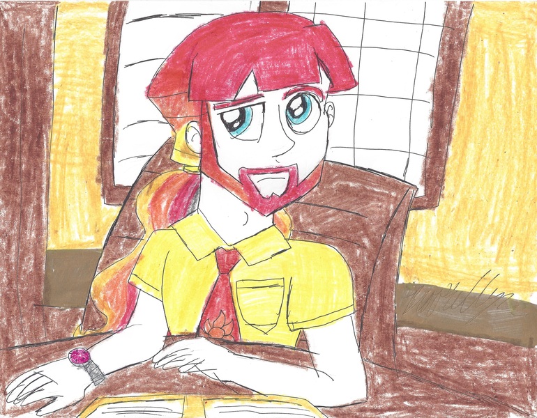 Size: 3264x2544 | Tagged: safe, artist:brookellyn, derpibooru import, princess celestia, equestria girls, celestia's office, crayon drawing, equestria guys, male, pencil drawing, prince solaris, principal celestia, principal solaris, rule 63, solo, traditional art