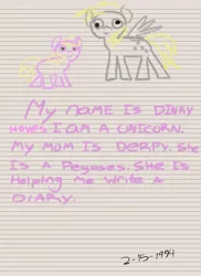 Size: 2400x3300 | Tagged: safe, artist:aaronmk, derpibooru import, derpy hooves, dinky hooves, pegasus, pony, diary, dinky hooves's diary, female, handwriting, lined paper, mare, misspelling