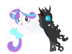 Size: 1060x791 | Tagged: safe, artist:squipycheetah, derpibooru import, kevin (changeling), princess flurry heart, alicorn, changeling, pony, season 6, slice of life (episode), spoiler:s06, clothes, cute, cuteling, duo, fangs, female, filly, floating, flurrybetes, flying, happy, kevinheart, looking back, male, mare, older, open mouth, pants, shipping, shorts, simple background, smiling, spread wings, straight, teeth, transparent background, transparent wings, vector, windswept mane, wings
