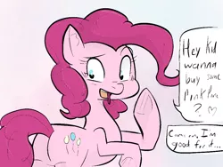 Size: 1000x750 | Tagged: artist:^:3, buy pone, derpibooru import, dialogue, ear fluff, looking back, open mouth, pinkie pie, raised eyebrow, raised hoof, simple background, solo, speech bubble, suggestive, white background, you know you want it