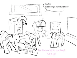 Size: 1000x750 | Tagged: artist:^:3, bags, candy, derpibooru import, drink, eating, food, :i, paper bag, pinkie pie, rainbow dash, robbery, safe, spongebob squarepants, twilight sparkle