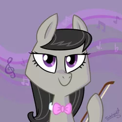 Size: 725x725 | Tagged: safe, artist:flourret, derpibooru import, octavia melody, earth pony, pony, bow (instrument), bust, female, hoof hold, lidded eyes, looking at you, mare, music notes, portrait, signature, smiling, solo