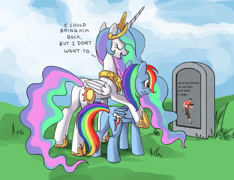 Size: 910x700 | Tagged: safe, artist:ponykillerx, derpibooru import, edit, princess celestia, rainbow dash, alicorn, pegasus, pony, bitchlestia, butt, celestia's grave meme, crossing the line twice, exploitable meme, female, grave, gravestone, implied death, mare, meme, plot, scout, spy, team fortress 2, trollestia