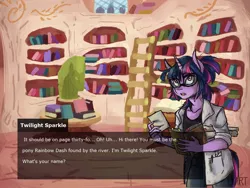 Size: 1333x1000 | Tagged: anthro, artist:lya, book, clothes, colored, dating sim, derpibooru import, glasses, kezsüel, lab coat, library, post-apocalyptic, roleplaying, safe, solo, text, twilight sparkle, visual novel