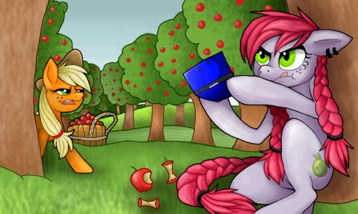 Size: 512x307 | Tagged: safe, artist:wingedwolf94, deleted from derpibooru, derpibooru import, applejack, oc, oc:crab apple, 3ds, colors! 3d, sweet apple acres