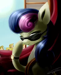 Size: 1100x1350 | Tagged: safe, artist:yummiestseven65, derpibooru import, bon bon, sweetie drops, earth pony, pony, slice of life (episode), 2016, ponyville, scene interpretation, secret agent, secret agent sweetie drops, signature, solo, sunglasses, town hall, watch