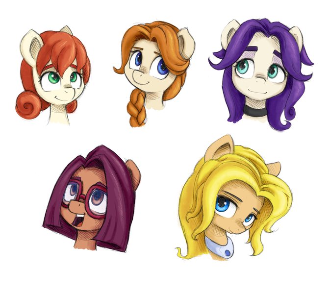 Size: 3831x3415 | Tagged: safe, artist:artguydis, derpibooru import, ponified, pony, abigail (stardew valley), bust, haley (stardew valley), leah (stardew valley), maru (stardew valley), penny (stardew valley), portrait, stardew valley