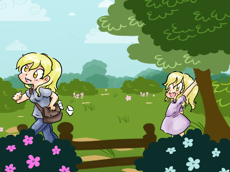 Size: 1600x1200 | Tagged: artist:cloverminto, bag, bush, clothes, cute, derpabetes, derpibooru import, derpy hooves, dinkabetes, dinky hooves, dress, equestria's best daughter, fence, flower, going to work, human, humanized, letter, mail, mailbag, mailmare, safe, tree, weapons-grade cute