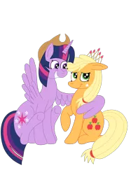 Size: 1936x2592 | Tagged: safe, artist:squipycheetah, derpibooru import, applejack, twilight sparkle, twilight sparkle (alicorn), alicorn, pony, accessory swap, applejack's hat, cowboy hat, crown, cute, female, happy, hat, hug, jewelry, lesbian, looking down, looking up, mare, regalia, shipping, simple background, sitting, smiling, spread wings, transparent background, twiabetes, twijack, vector, winghug, wings