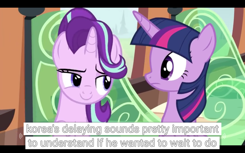 Size: 1920x1200 | Tagged: safe, derpibooru import, edit, edited screencap, screencap, starlight glimmer, twilight sparkle, twilight sparkle (alicorn), alicorn, pony, the crystalling, caption, female, korea, mare, meme, youtube caption