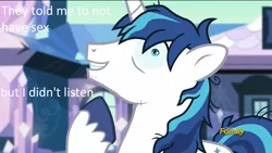 Size: 1920x1080 | Tagged: caption, cracked armor, derpibooru import, discovery family logo, edit, exploitable meme, i didn't listen, image macro, meme, safe, screencap, shining armor, sleep deprivation, text, text edit, the crystalling