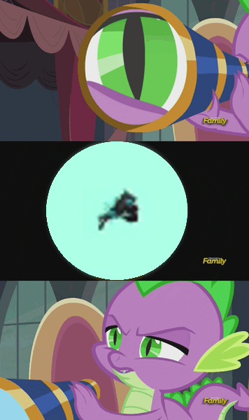 Size: 356x600 | Tagged: changeling, comic, derpibooru import, discovery family logo, edit, edited screencap, exploitable meme, meme, pony history, princess spike (episode), safe, screencap, screencap comic, spike, spike's telescope, telescope, the crystalling, thorax