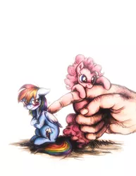 Size: 856x1108 | Tagged: safe, artist:buttersprinkle, derpibooru import, pinkie pie, rainbow dash, human, pony, biting, cute, grumpy, hand, in goliath's palm, micro, scrunchy face, size difference, tiny, tiny ponies, traditional art, tsunderainbow, tsundere