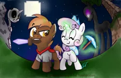 Size: 1098x705 | Tagged: safe, artist:vago-xd, derpibooru import, button mash, sweetie belle, ponified, enderman, enderpony, pony, skeleton pony, don't mine at night, bone, diamond pickaxe, diamond sword, levitation, magic, minecraft, moon, mouth hold, night, pickaxe, raised hoof, skeleton, sweetie belle's magic brings a great big smile, sword, telekinesis, weapon, wide angle