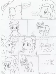 Size: 781x1023 | Tagged: safe, artist:hickory17, derpibooru import, oc, oc:hickory switch, oc:trail blaze, unofficial characters only, earth pony, pony, unicorn, bag, comic, cowboy hat, hat, hickory's journey, monochrome, saddle bag, show accurate, stetson
