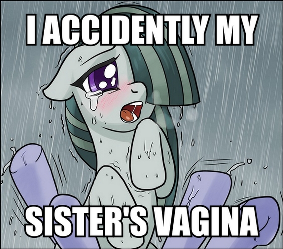 Size: 568x500 | Tagged: questionable, artist:methidman, artist:pencils, color edit, derpibooru import, edit, limestone pie, marble pie, earth pony, pony, comic:anon's pie adventure, accidental incest, accidental stimulation, blushing, caption, colored, comic, crying, engrish, female, i accidentally, image macro, implied facesitting, implied sex, incest, lesbian, meme, misspelling, open mouth, piecest, rain, shaking, shipping, text, wet, wet mane, you tried