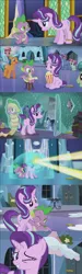 Size: 1280x4264 | Tagged: safe, derpibooru import, screencap, atticus, cherry valley, citrine nectar, golden väs, sly flourish, spike, starlight glimmer, crystal pony, pony, the crystalling, barrier, discovery family logo, food, hug, interaction, levitation, magic, one eye closed, popcorn, scroll, shipping fuel, telekinesis, wink