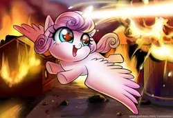 Size: 900x614 | Tagged: safe, artist:racoonsan, derpibooru import, princess flurry heart, alicorn, pony, the crystalling, bad flurry!, blast, cute, destruction, evil flurry heart, female, fire, flurry heart ruins everything, flurrybetes, flying, foal, grimcute, happy, magic, magic blast, meme, open mouth, pure unfiltered evil, red eyes, red eyes take warning, solo, that baby sure does love mayhem, this will end in death, this will end in tears, this will end in tears and/or death, weapons-grade cute, xk-class end-of-the-world scenario