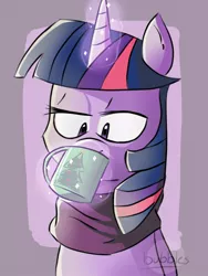 Size: 600x800 | Tagged: safe, artist:cosmic-pincel, derpibooru import, twilight sparkle, twilight sparkle (alicorn), alicorn, pony, clothes, cup, female, glowing horn, horn, mare, scarf, solo