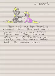 Size: 2400x3300 | Tagged: safe, artist:aaronmk, derpibooru import, derpy hooves, dinky hooves, pegasus, pony, diary, dinky hooves's diary, female, implied flash sentry, letter, mare, sitting