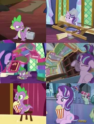 Size: 671x877 | Tagged: book, derpibooru import, dragon, female, filly, filly starlight glimmer, food, glowing horn, horn, magic, male, mare, popcorn, power ponies (episode), safe, screencap, sitting, spike, starlight glimmer, stool, telekinesis, the crystalling, the hooffields and mccolts, too many pinkie pies, younger