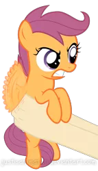 Size: 3653x6389 | Tagged: safe, artist:justisanimation, derpibooru import, scootaloo, human, pony, angry, cute, flapping, glare, gritted teeth, hand, holding a pony, i'm not cute, justis holds a pony, put me down, scootaloo is not amused, simple background, solo focus, transparent background, unamused