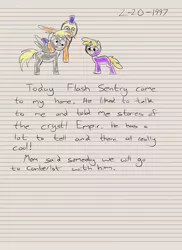 Size: 2400x3300 | Tagged: safe, artist:aaronmk, derpibooru import, derpy hooves, dinky hooves, flash sentry, pegasus, pony, derpsentry, diary, dinky hooves's diary, female, lined paper, male, mare, shipping, straight