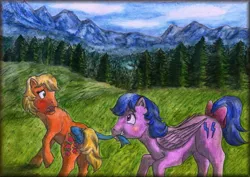Size: 1721x1220 | Tagged: accessory theft, applejack (g1), artist:elfman83ml, bow, derpibooru import, firefly, forest, g1, mountain, safe, scenery, tail bow, traditional art