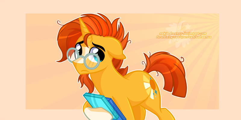 Size: 4000x2000 | Tagged: safe, artist:xwhitedreamsx, derpibooru import, sunburst, pony, unicorn, the crystalling, blaze (coat marking), book, cel shading, facial hair, glasses, goatee, holding, looking at you, male, missing accessory, orange background, outline, shading, simple background, socks (coat marking), solo, stallion, sunburst background, sunburst's glasses, watermark