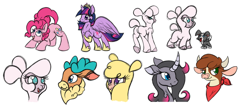 Size: 2000x880 | Tagged: safe, artist:ramott, derpibooru import, arizona cow, oleander (tfh), paprika paca, pinkie pie, pom lamb, twilight sparkle, twilight sparkle (alicorn), velvet reindeer, alicorn, alpaca, classical unicorn, cow, deer, pony, reindeer, sheep, unicorn, them's fightin' herds, cloven hooves, community related, female, lamb, leonine tail, mare, older, puppy, sketch, sketch dump, unshorn fetlocks